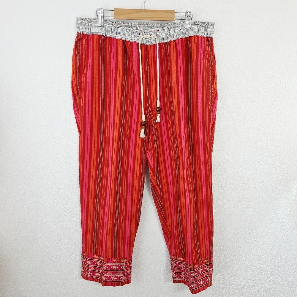 Sundance Red Striped Linen Pants Pull On Drawstring Embroidered Size Medium
